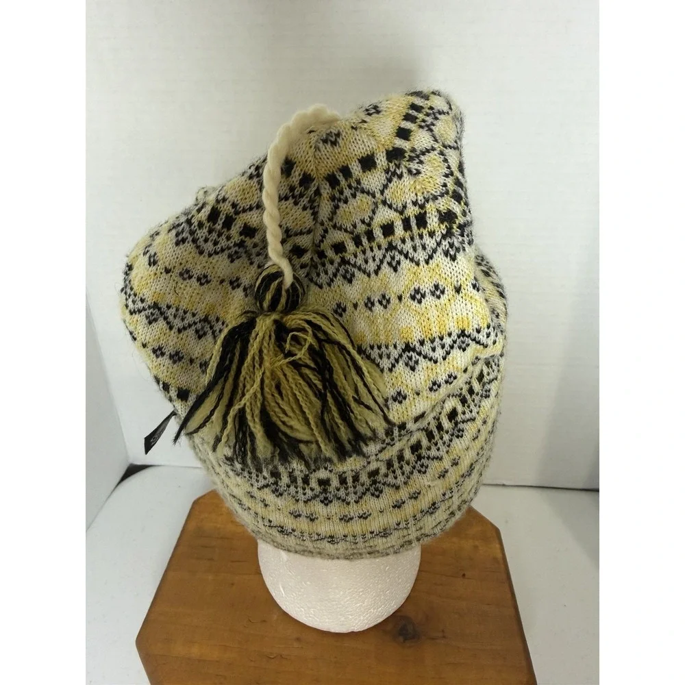 Turtle Fur Merino Wool Fair Isle Beanie Hat Yellow Black Made in Italy OS